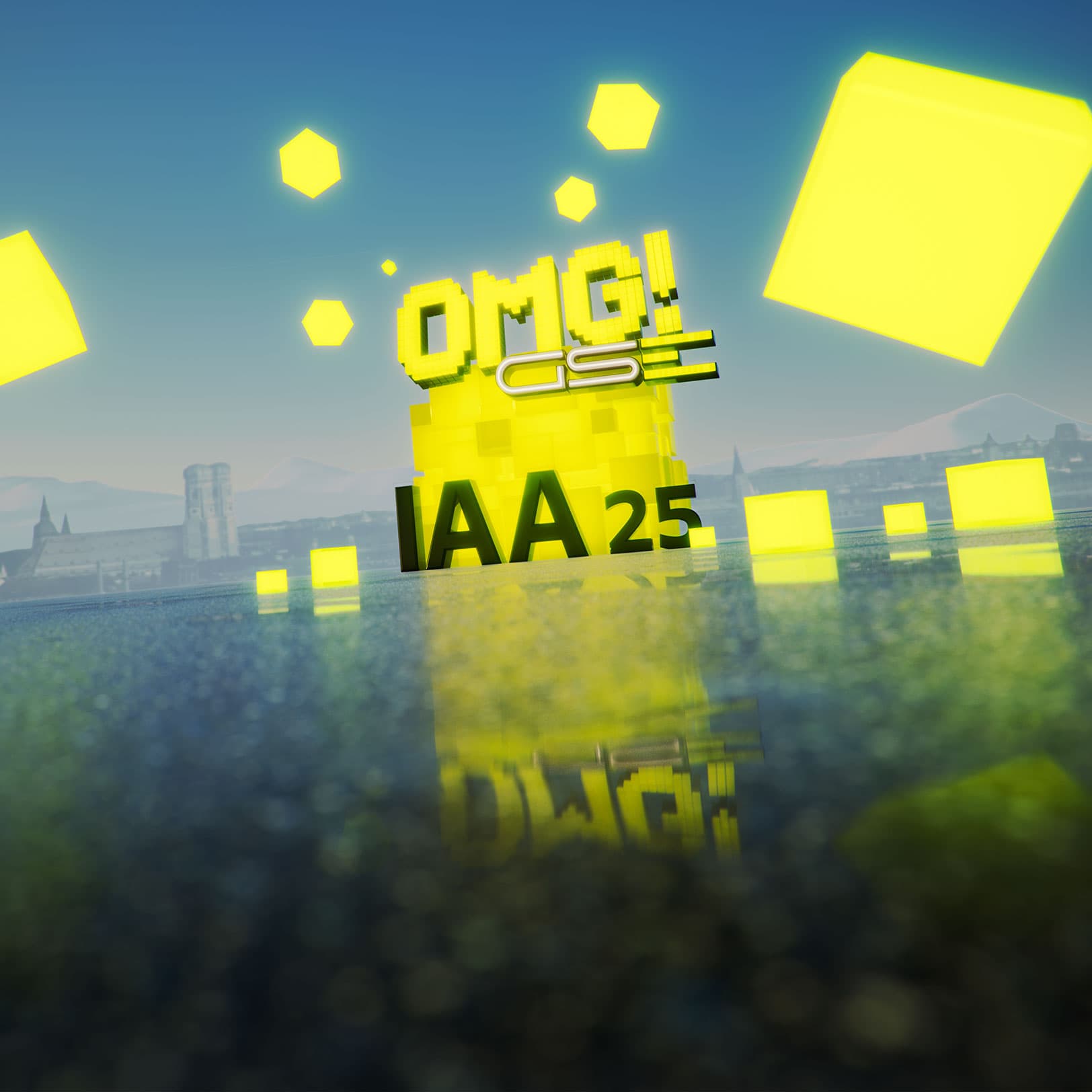 Gelber Würfel mit dem Schriftzug "OMG! GSE und IAA 25" vor einem blauen Hintergrund und der Skyline von München.