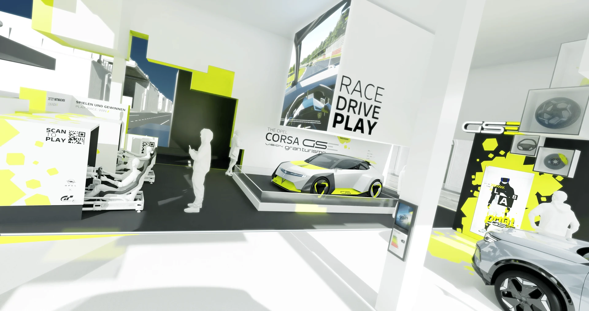 Innenansicht des Opel-Standes mit verschiedenen Autos und einem Fahrsimulator.