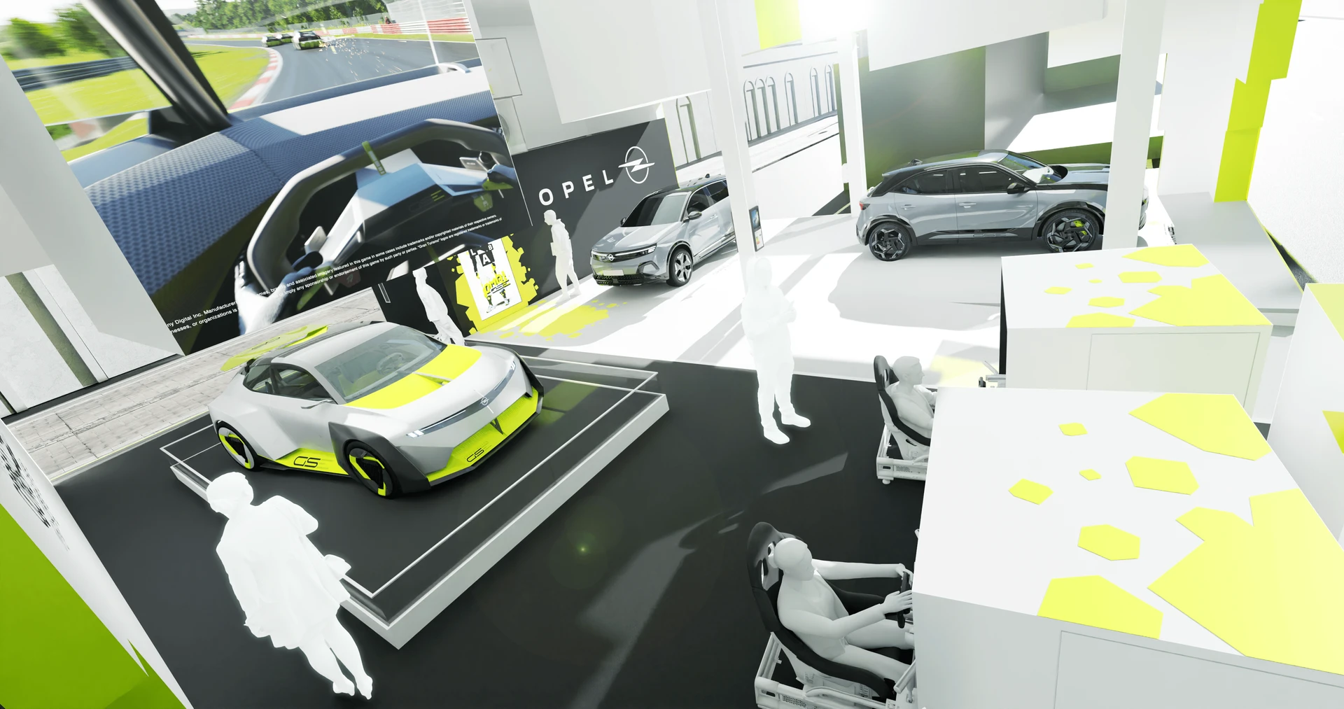 Innenansicht des Opel-Standes mit Menschen,  Autos und Fahrsimulatoren.