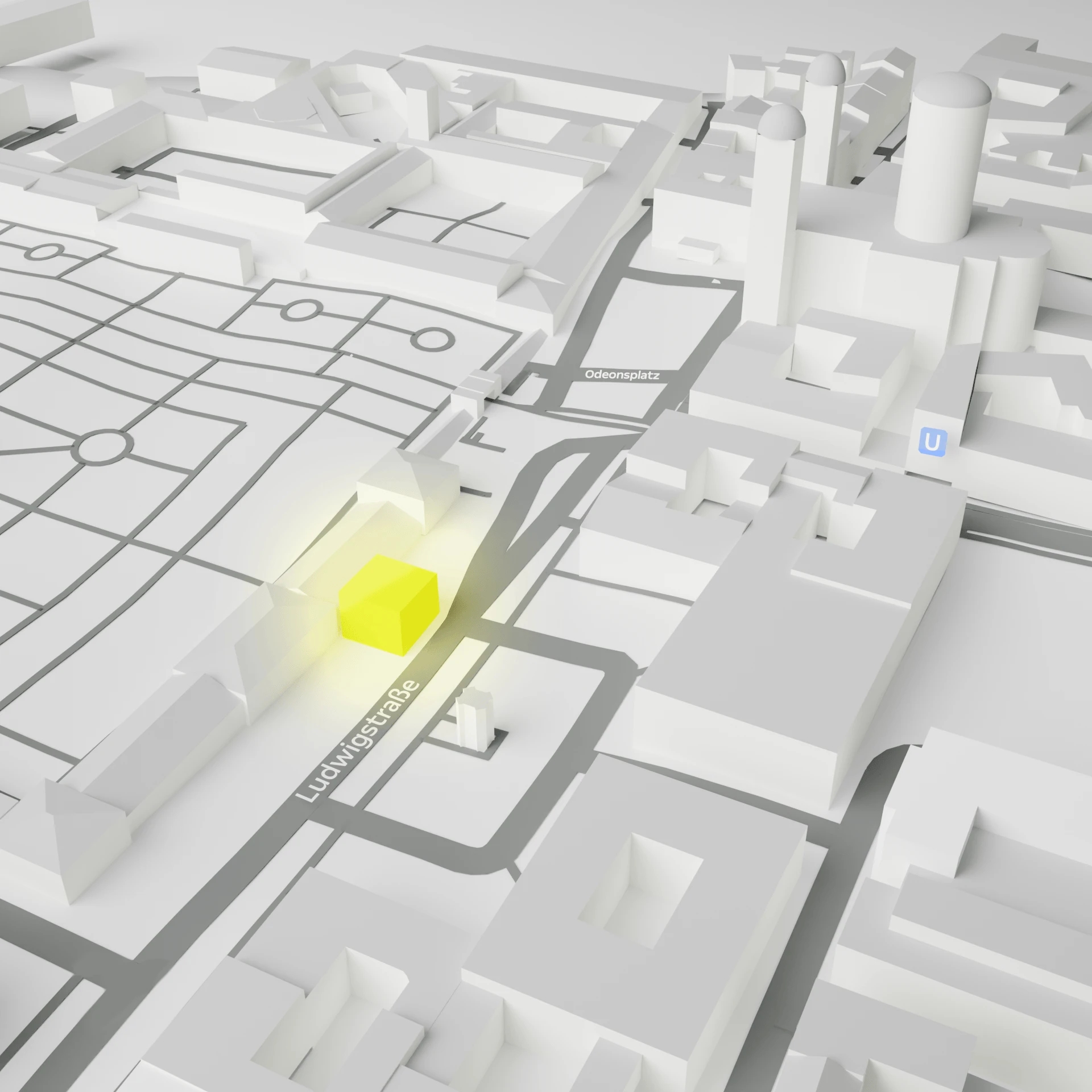 3D-Stadtkarte von München mit einem gelben Würfel, der den Opel-Stand am Odeonsplatz markiert.